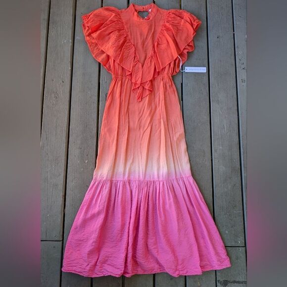 NWT Young Fabulous & Broke Sunset Ombre Cruz Maxi Dress M Open Back Ruffle‎ - Picture 1 of 8